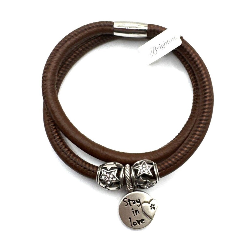 Brighton Woodstock Brown Double Leather Bracelet NWT 15in +Starlight Beads/Charm